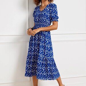 Talbots Women Midi Dress Stretch Crepe Smocked Shadow Paisley Blue Size 4 NWT